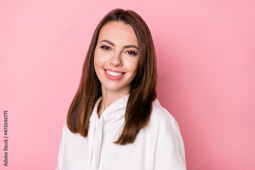 Photo of charming happy nice young woman smile good mood enjoy isolated on pastel pink color background