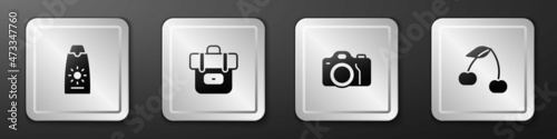 Set Sunscreen cream in tube, Hiking backpack, Photo camera and Cherry icon. Silver square button. Vector
