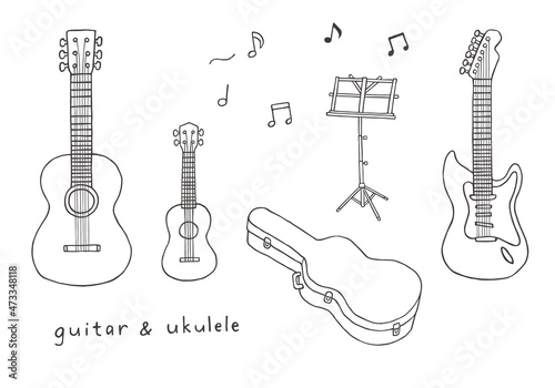 手描きのギターとウクレレのセット（モノクロ）