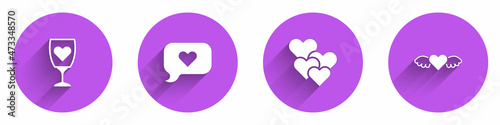 Set Glass of champagne, Heart in speech bubble, and with wings icon with long shadow. Vector