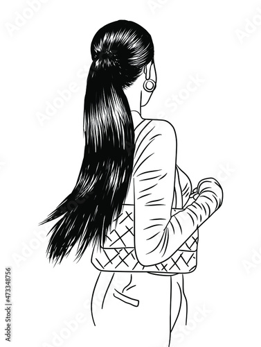 Girl with a high long ponytail in leather jacket. Modern trend. Luxurious shiny hair. Illustration for brochures, business cards, templates, posters, stickers, t-shirts. 