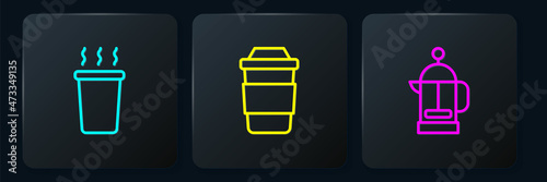 Set line Cup of tea, French press and . Black square button. Vector