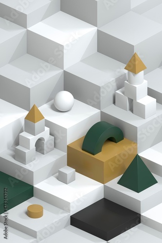 Isometric scene with white  gold and green geometric shapes. An abstract view of architecture  urban environment  creativity  sustainable design. 3d rendering of the background.