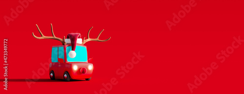 Leinwand Poster Cute red car with deer antlers and Santa hat on red background 3D Rendering, 3D