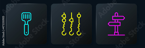 Set line Spatula, Road traffic sign and Grilled shish kebab on skewer. Black square button. Vector