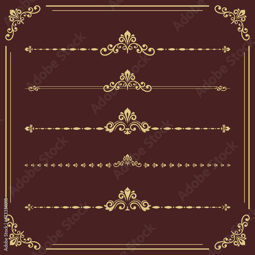 Vintage set of decorative golden elements. Horizontal golden separators in the frame. Collection of different ornaments. Classic patterns. Set of vintage patterns