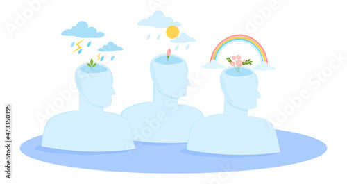 Mental health concept. Silhouettes of man with thunderstorm, sprout and flowering plant in his head. Development of psychological stability and positive thinking. Cartoon flat vector illustration