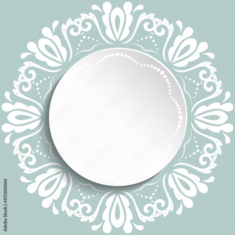 Round frame with floral white elements and arabesques. Pattern with arabesques. Fine greeting card