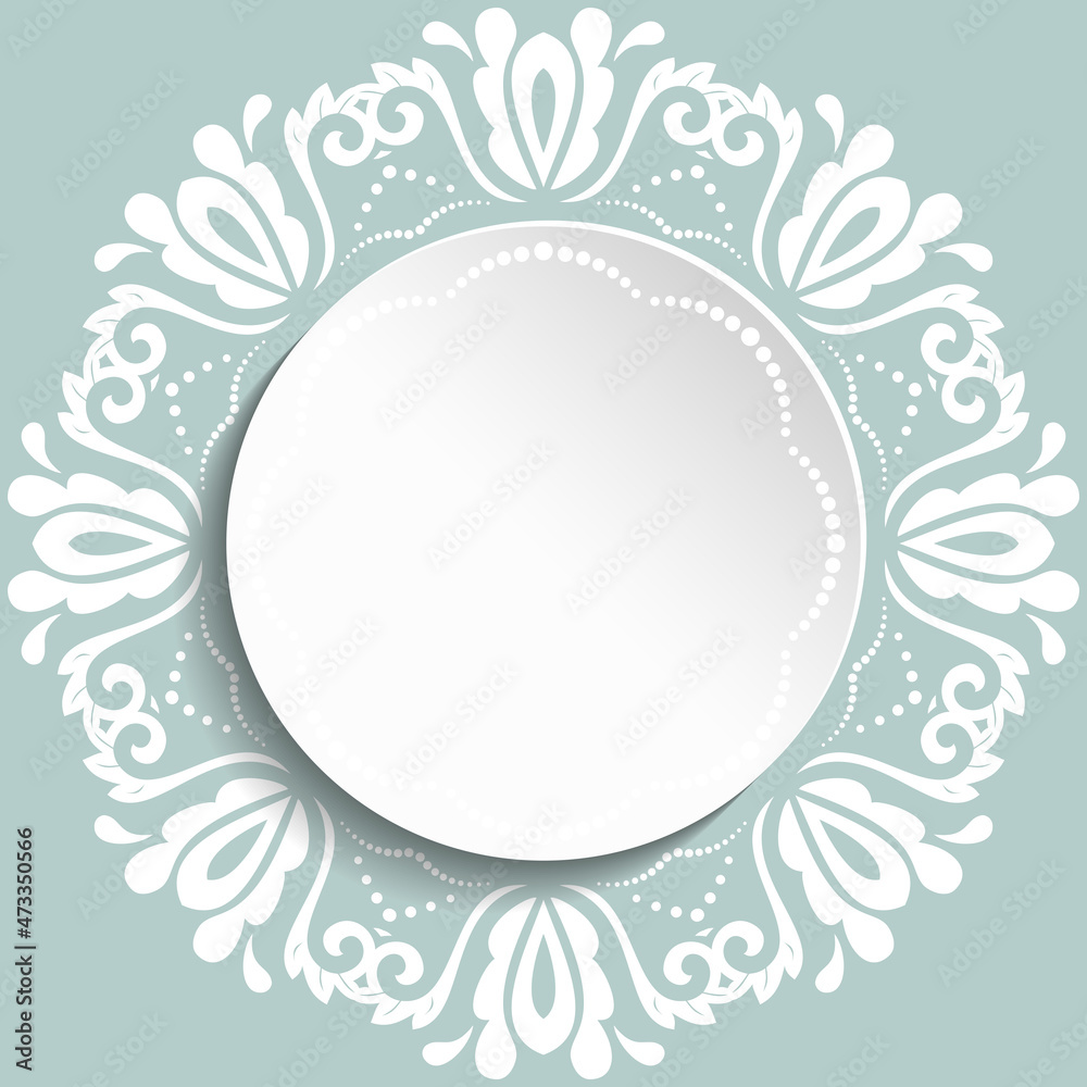 Round frame with floral white elements and arabesques. Pattern with arabesques. Fine greeting card Round frame with floral white elements and arabesques. Pattern with arabesques. Fine greeting card