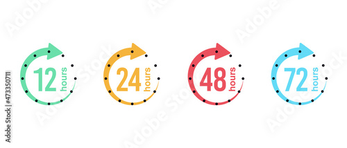12, 24, 48 and 72 hours clock arrow. Vector work time effect or delivery service time icons