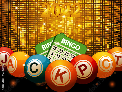 2022 bingo balls jackpot and cards on disco wall