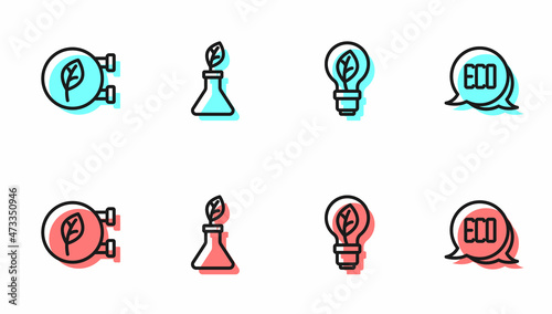 Set line Light bulb with leaf, Eco shop, Plant breeding and Leaf symbol icon. Vector