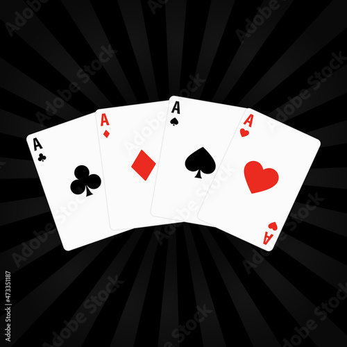 Set of four aces playing cards suits. Winning poker hand. Set of hearts, spades, clubs and diamonds ace