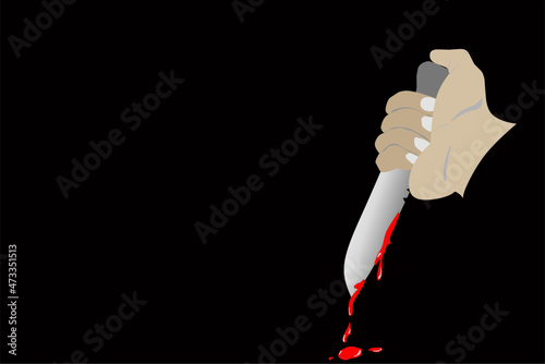 Man hands holding bleeding knife with blood for murder killied crime background illustration vector
