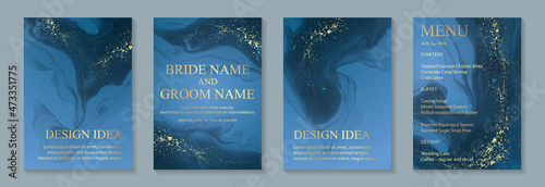 Modern watercolor background or elegant card design for birthday invite or wedding or menu with abstract blue ink waves and golden splashes.