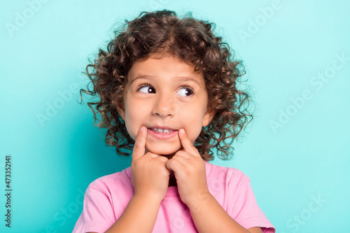 Portrait of attractive cheerful wavy-haired girl touching mouth fake smile isolated over bright teal turquoise color background