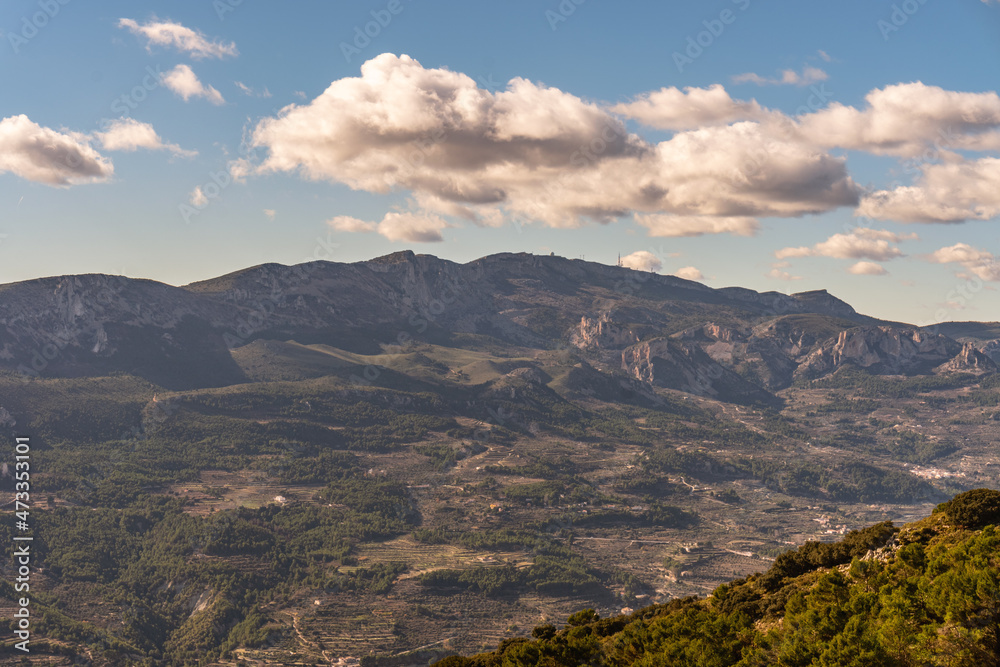 Mountainous landscape on a sunny day with clouds.