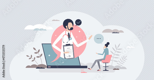 Online doctor counseling and healthcare appointment tiny person concept. Digital connection and distant meeting with specialist vector illustration. Professional advice and medical prescription help.