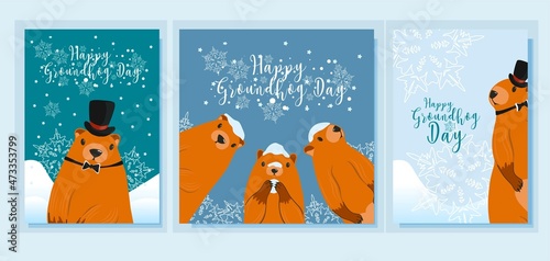 Happy Groundhog Day greeting card. Happy marmot Day Typographic Vector Design with Cute Groundhog Character - Advertising Poster or Flyer Template. Trendy abstract art templates with marmot, snow.