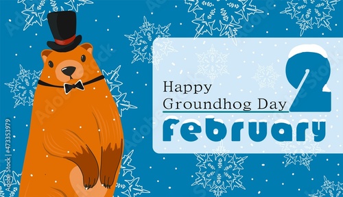 Happy Groundhog Day greeting card. Happy marmot Day Typographic Vector Design with Cute Groundhog Character - Advertising Poster or Flyer Template. Trendy abstract art templates with marmot, snow.