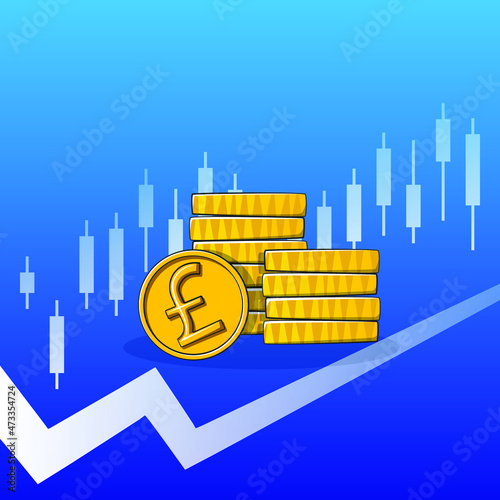 Business concept background with Pound coins stack and upping graph, money currency trading.