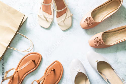 Women's fashion shoes,Bright colored women's shoes on a solid background. Copy space text.