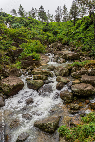 Piękny krajobraz, wodospad pośród zielonych gór i pól herbaty.