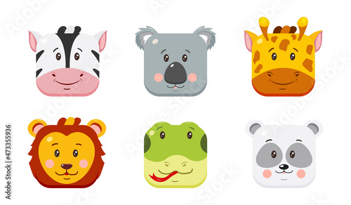 Fototapeta Naklejka Na Ścianę i Meble -  Cute square animal faces in cartoon style.