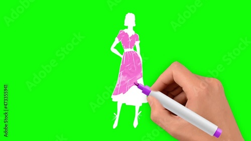 Beautiful young girl photo-model in a gray dress is hand-drawn on a green background.