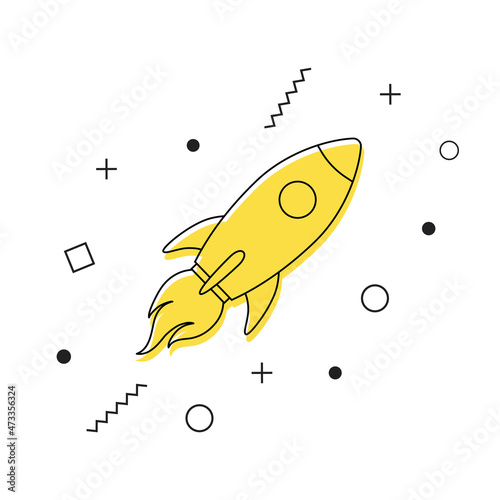 Rocket vector icon with geometric shapes on white background. Space rocket launch. New project start up concept. Concept of business product on a market. Vector