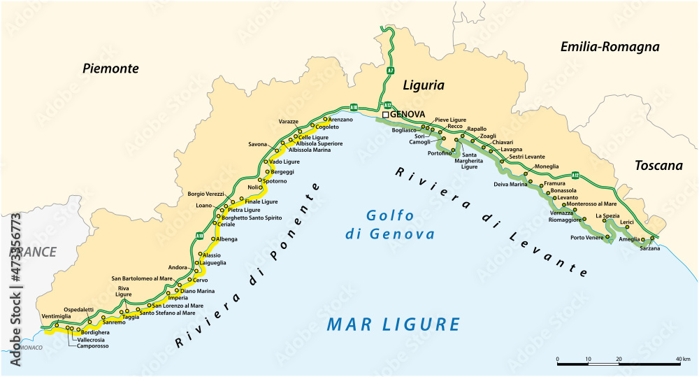 vector map of cities on the Italian Riviera, Ligurian Riviera