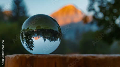 Crystal ball alpine summer morning shot at the famous Heiterwanger See lake near Lermoos  Tyrol  Austria