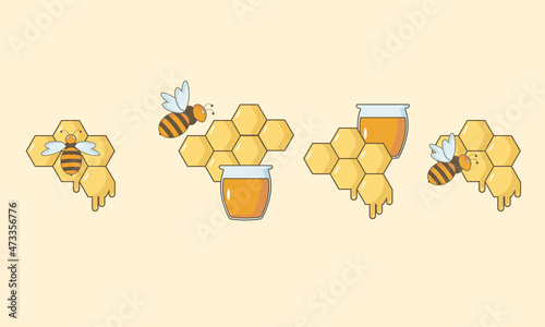 Set of bees with honeycombs and a jar of honey