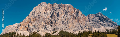 High resolution panorama of an alpine summer view with the famous Wetterstein mountains in the background at the Ehrwalder Alm near Ehrwald, Tyrol, Austria