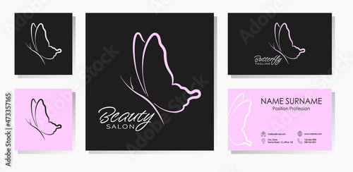 Pink butterfly logotype. Set in black, pink and white colors with business cards templates. Best for web, print, polygraphy, signboards, logo and branding design. Beauty salon logo concept.