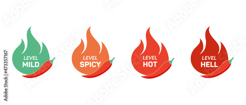Spicy chili pepper hot fire flame icons. Vector spicy food level icons, mild, spicy, hot, hell pepper sauce fire flame. Vector design