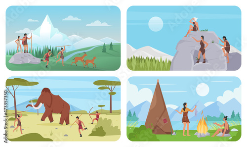 Wild survival scenes with primitive people of prehistory ages set vector illustration. Cartoon caveman family cook meat on fire, tribe characters hunting animals, paleolithic era education background photo