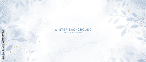 Winter background vector. Hand painted watercolor and gold brush texture, Flower and botanical leaves hand drawing. Abstract art design for wallpaper, wall arts, cover, wedding and invite card