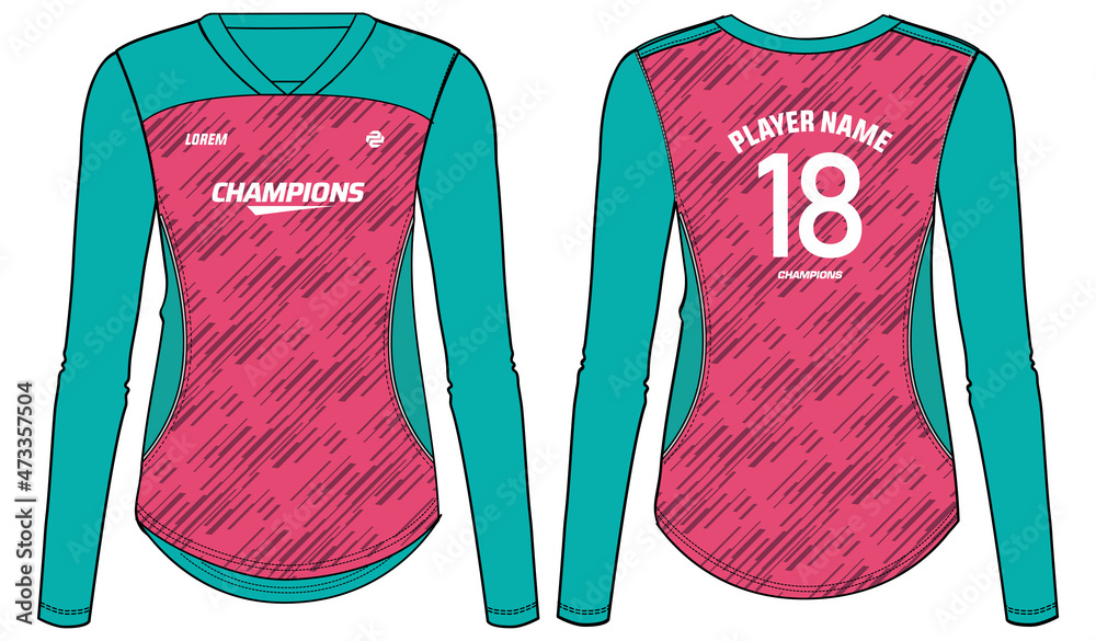 Women Long Sleeve Sports Jersey t-shirt design concept Illustration  suitable for girls and Ladies for Volleyball jersey, Football, badminton,  Soccer, netball and tennis, Sport uniform kit for sports Stock Vector