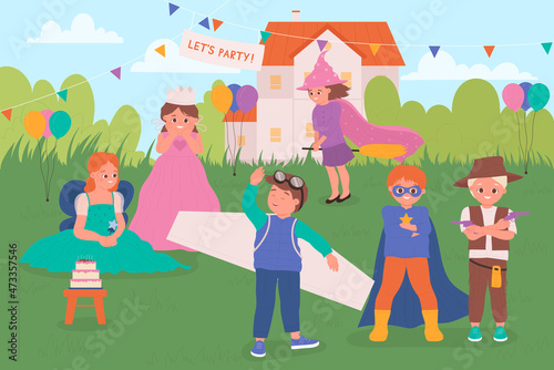 Cute kids on carnival party vector illustration. Cartoon children group of characters wearing masquerade costumes, girls in princess dress, witch with broom, cowboy and superhero boy have fun outdoor