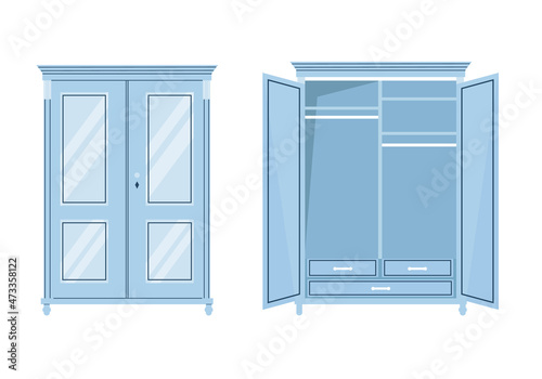 Vector flat illustration of vintage wardrobe closed and open