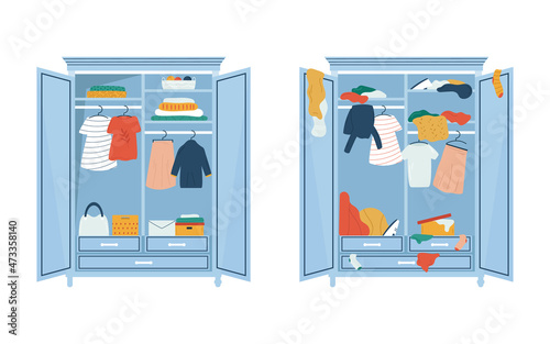 Vector illustrations with two wardrobes. One with neat, well arranged clothes inside and the second with messy, disordered clothing.