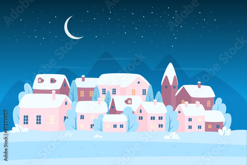 Winter city at Christmas night vector illustration. Cartoon cute urban cityscape scene with snowy village or town under moon in sky and snowfall, happy houses covered with snow and ice background