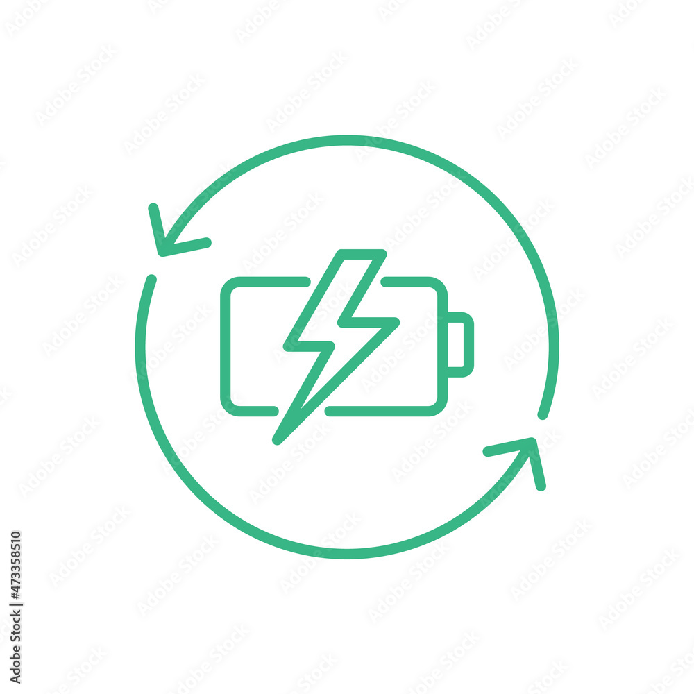 Rechargeable battery line icon. Recycling batteries concept. Sustainable, renewable energy
