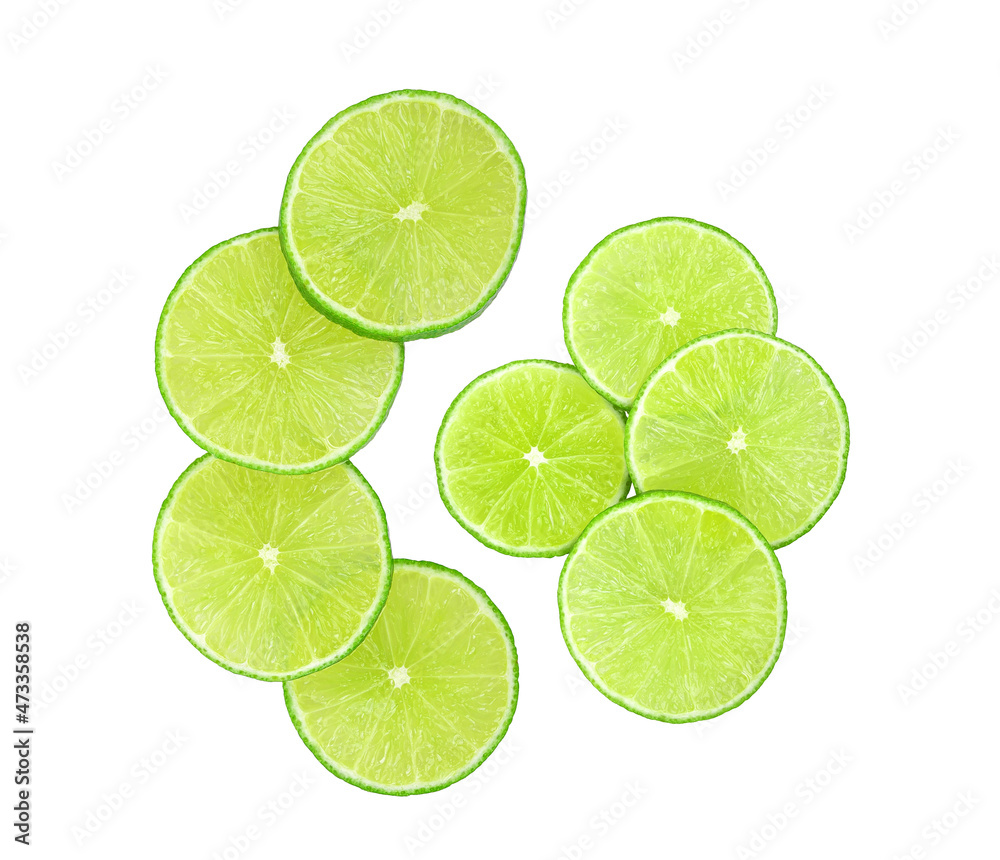 Slices of fresh lime fruit isolated on white background. Top view Slices of fresh lime fruit isolated on white background. Top view