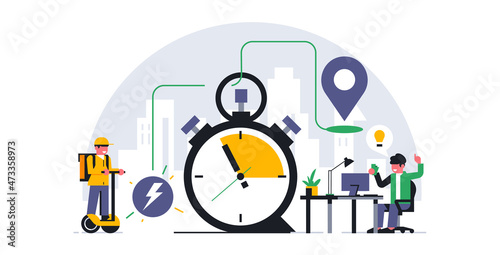 Online food delivery service to your home. An office worker placed an order for a food delivery. Lunch break, courier, hoverboard, route, gps, stopwatch. Vector illustration