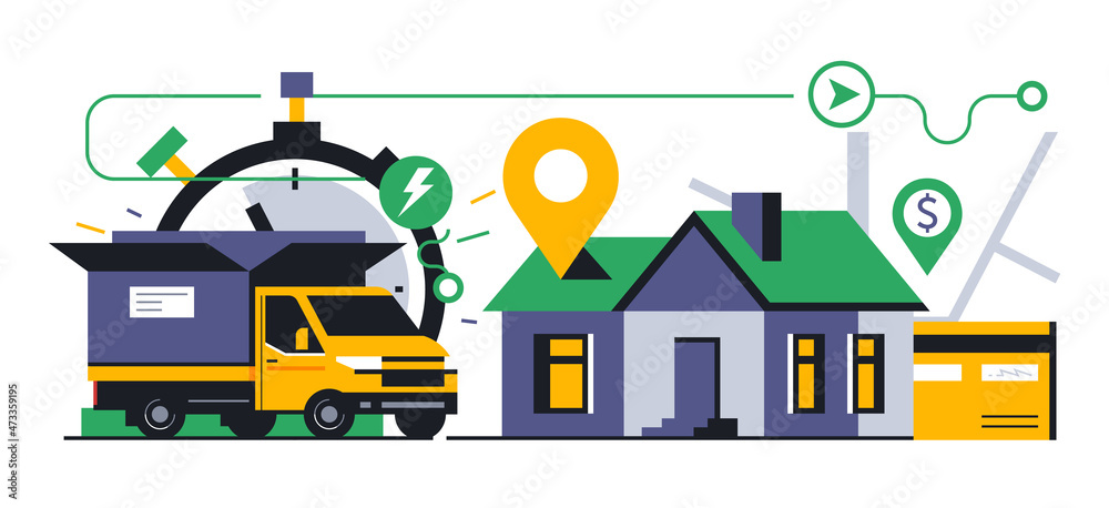 Naklejka premium Online parcel delivery service to your home. Lorry with open box cargo. Map, address, street, home, route, bank card, gps, stopwatch. Vector illustration