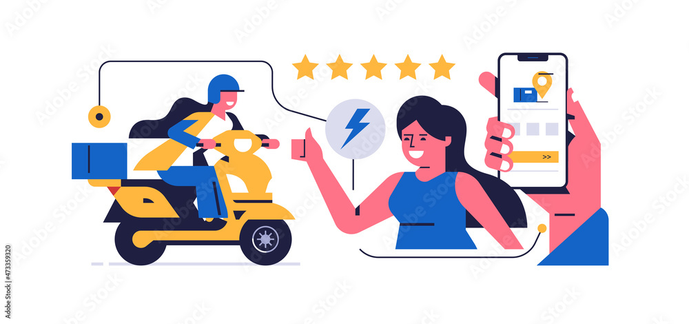 Online parcel delivery service concept. Mobile app concept. Hand holding phone with parcel delivery application on display. Happy woman giving five star rating to courier on motorcycle Online parcel delivery service concept. Mobile app concept. Hand holding phone with parcel delivery application on display. Happy woman giving five star rating to courier on motorcycle