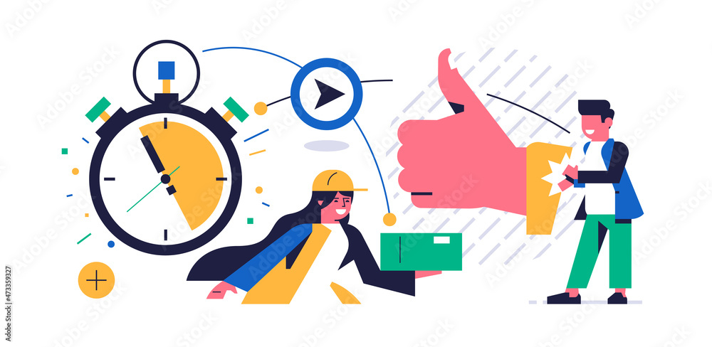 Online parcel delivery service concept. Online service for fast delivery of parcel to your home. A happy man claps a woman courier for a quick order fulfillment. Flat vector illustration Online parcel delivery service concept. Online service for fast delivery of parcel to your home. A happy man claps a woman courier for a quick order fulfillment. Flat vector illustration