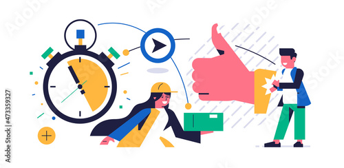 Online parcel delivery service concept. Online service for fast delivery of parcel to your home. A happy man claps a woman courier for a quick order fulfillment. Flat vector illustration